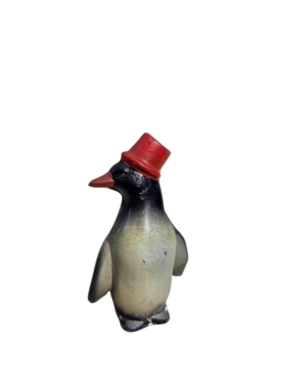 Vintage Japanese Painted Cast Metal Penguin w/ Red Hat Pencil Sharpener